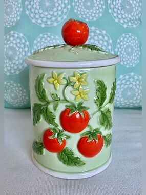 VTG Tomato Daffodil Flowers Ceramic Canister & Lid A Lorrie Design Japan